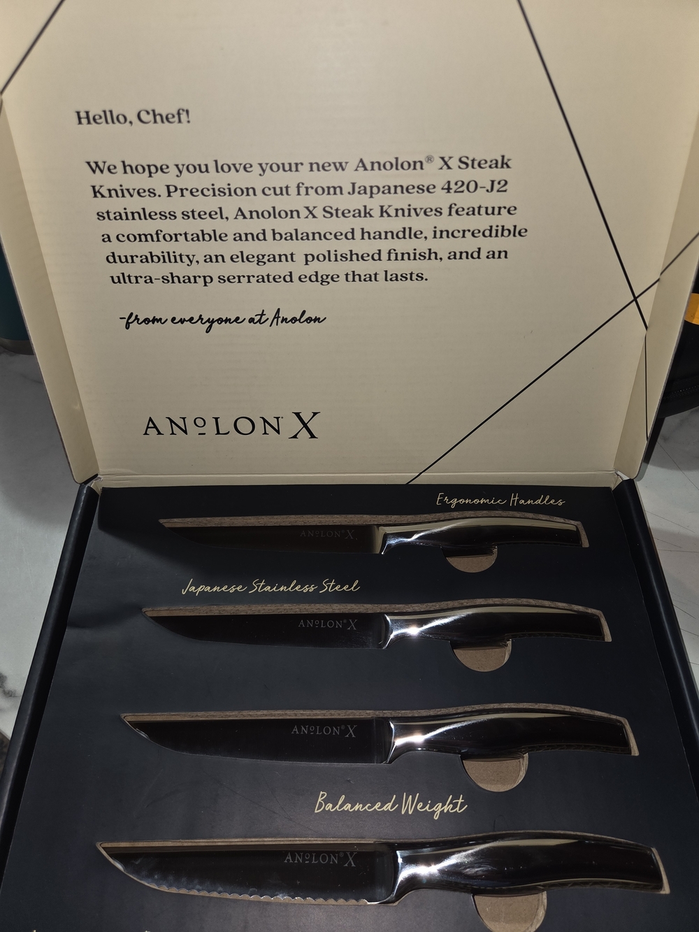Anolon X 4-Piece Steak Knife Set Japanese Stainless Steel 5" Serrated Blades NEW
